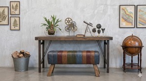 Premium Rare Patchwork Leather Pommel Horse Bench with Rustic Wooden Legs Upholstered Entryway <b>Bedroom</b> Seating <b>Stool</b> - Product Image 6
