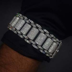 Wide Iced Out Baguette and Round Cut Moissanite Diamond Cuban Link Bracelet in White Gold Finish <b>Men's</b> Bracelets & <b>Bangles</b> - Product Image 1