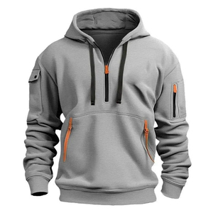 <b>Men's</b> <b>Burgundy</b> Quarter Zip <b>Hoodie</b> Regular Fit Solid Color Casual Knitted Sweatshirt with Pockets Autumn Wear - Product Image 2