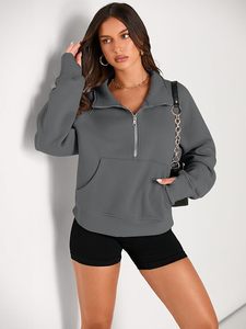 Premium Women's Quarter Zip <b>Sweatshirt</b> Oversized Charcoal <b>Grey</b> Fleece Pullover with Half Zip Collar Kangaroo Pocket - Product Image 6