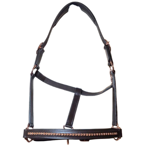 Cabestro de cuero genuino de alta calidad, acolchado, ajustable, con logotipo personalizable, herrajes en oro rosa, cabestro de cuero Annabelle Equestrian - Product Image 1