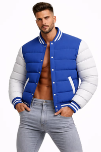 <b>Men</b>’s Royal Blue & <b>White</b> Varsity Puffer <b>Jacket</b> Winter Quilted Bomber Coat Snap Button Streetwear Custom Logo - Product Image 3