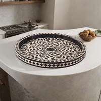 Bandeja Redonda de Lujo con Incrustaciones de Hueso, Diseño Floral en Blanco y Negro, Organizador Decorativo para Mesa de Centro, Bandeja Otomana, Unidad de Arte HD
