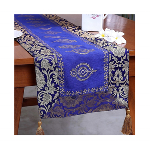 Choix du planificateur d'événements Jacquard à glands bleu royal certifié GOTS 100% coton brodé 72x14 pouces 250g Chemin de table élégant - Product Image 1