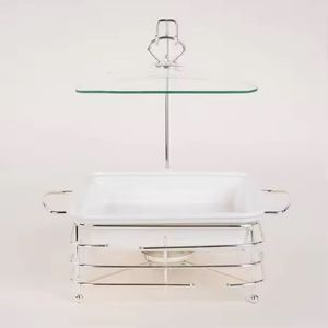 Glass Top Stainless Steel Chafing Dish <b>Buffet</b> <b>Server</b> Rectangular Food Warmer Catering Serving Dish with Stand and Burner - Product Image 1