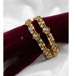 Trendy Brass Gold Plated <b>Bangle</b> Bracelets <b>Set</b> with Pearls Moissanite Stones for Women Wedding Gift Party Ethnic Style Jewelry - Product Image 1