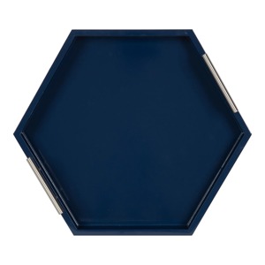 Plateau décoratif hexagonal moderne en métal avec poignées, finition bleu marine, design géométrique - Product Image 4