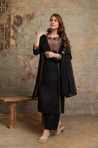 Ensemble de costume brodé en coton noir de qualité supérieure 60×60 pour femmes, avec kurta droit, pantalon palazzo et dupatta, pour une tenue ethnique élégante - Product Image 2
