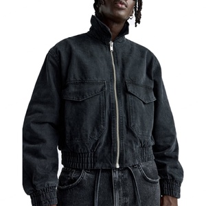 Mens Washed Black <b>Denim</b> Bomber <b>Jacket</b> <b>Cropped</b> Utility Cargo <b>Jacket</b> Zip Up Streetwear Outerwear OEM ODM - Product Image 3