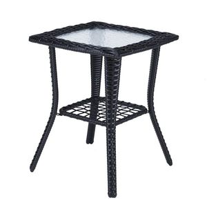 Black Outdoor Wicker Side Table with Glass Top Rattan End Table for Patio Coffee Bistro Table for Indoor Garden Porch Balcony - Product Image 1