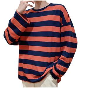 T-shirt rayé à manches longues pour homme, coupe décontractée oversize à col ras du cou et épaules tombantes, style streetwear, vente directe usine, meilleures ventes, OEM - Product Image 1