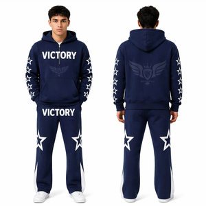 ชุดวอร์มฮู้ดดี้สีน้ำเงินกรมท่าสำหรับผู้ชาย พร้อมโลโก้แบบกำหนดเอง ลายดาว ชุดลำลองสำหรับเล่นกีฬา ชุดออกกำลังกาย ขายส่ง - Product Image 1