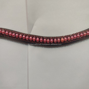 สายรัดคิ้วม้าหนังแท้ทรงโค้ง,สายหนังประดับคริสตัลและไข่มุกสีชมพู - Product Image 3