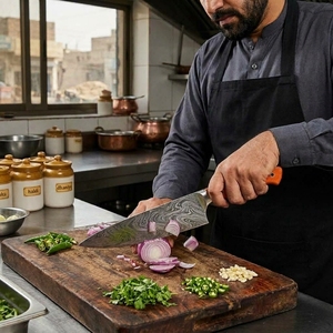 Cuchillo de Chef de Acero de Damasco Forjado a Mano con Mango de Madera Duradera, Hoja de Acero con Patrón Premium, Punta Caída, Personalizable para Cocina - Product Image 4