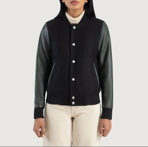 Blouson universitaire court en tricot pour femme à faible MOQ, avec manches longues en cuir, broderie de patch personnalisée, logo personnalisé, usine de blousons de baseball - Product Image 1