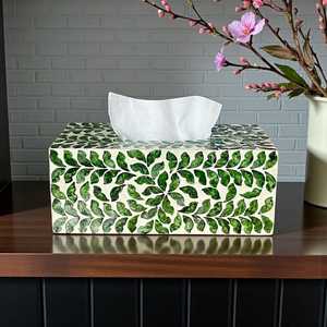 Caja de pañuelos moderna con incrustaciones de hueso y nácar, diseño de hojas verdes, hecha a mano, decoración elegante para el hogar y la oficina, ideal para regalo. - Product Image 4