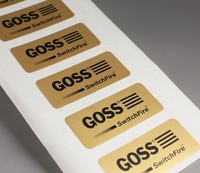 Autocollants personnalisés en feuille d'or, finition brillante, papier imperméable, certifiés RoHS pour l'électronique grand public - Logo noir
