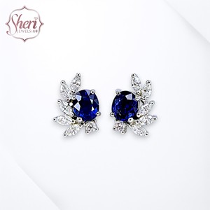 [Sheri Jewels] Pendientes de Oro Blanco Sólido de 18K con Diamantes Marquise y Zafiro Natural para Mujer - Regalo para Ella - Product Image 1