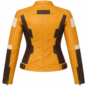 Darkry Custom <b>Womens</b> Yellow <b>Brown</b> Genuine <b>Leather</b> Racing <b>Jacket</b> Real Cowhide Motorcycle Biker Rider Sportswear Outerwear Apparel - Product Image 2