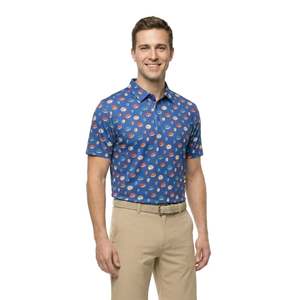 Chemise de golf pour homme à manches courtes en polyester/coton, imprimé à pois bleus, décontractée, respirante, coupe classique, logo sur le devant - Product Image 3