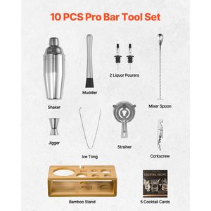 Set da Cocktail in Acciaio Inox 10 Pezzi con Supporto in Bambù, Kit da Barman per Martini e Cucchiaio Miscelatore - per Cocktail e Ricette di Drink - Product Image 2