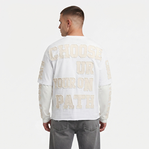 Double Layer Long Sleeve T-Shirts Men Custom High Quality Cotton 275gsm Heavyweight Tee Shirt Distressed Embroidery <b>TShirt</b> Mens - Product Image 4