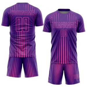 Maillot de football personnalisé sublimé professionnel, rayé violet et rose, col rond, manches courtes, anti-transpiration, pour équipe adulte - Product Image 1