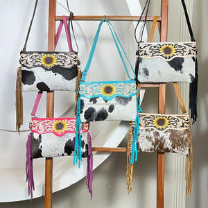 Sac à bandoulière de luxe en cuir de vachette artisanal avec franges, motif tournesol mignon, grande capacité, pour femme - Product Image 5