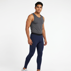 Leggings de compression pleine longueur pour hommes, bleu marine uni, taille élastique, en Spandex et Nylon, vêtements de sport - Product Image 6