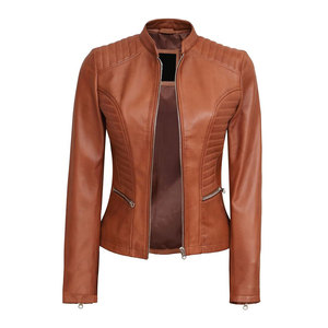 Chaqueta de cuero genuino de vaca para mujer, cuello alto, cremallera, corte ajustado, estilo motero, color marrón - Product Image 1