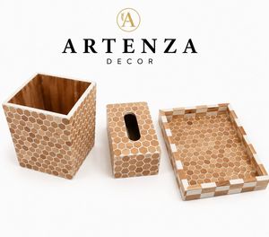Organisateur de bureau en bois de manguier marocain avec incrustations carrées, motif nid d'abeille, porte-stylos de table, boîte de rangement, plateau - Product Image 1