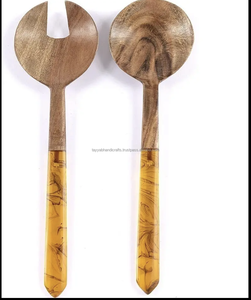 Wood Spoon Resin Engraved Handle Salad Mixing Dinner Fork and Spoon Hand Shape Acacia Wood Serving Spoons - Product Image 1