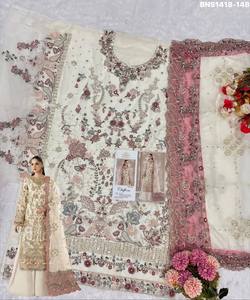 Traje semi-sellado de chifón pesado con bordado de hilo Zari y lentejuelas, y trabajo Khatli - Conjunto Salwar - Proveedor indio - Product Image 4