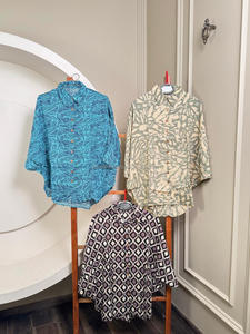 เสื้อเบลาส์ทรงหลวมมีกระดุมขนาดใหญ่พิมพ์ลายใบไม้ฤดูร้อนของผู้หญิงเสื้อเบลาส์ผ้าฝ้ายแขนสามส่วนทรงหลวมลำลอง - Product Image 5