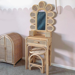 Rattan Mirrored Makeup Vanities With Cute Flower Design Eco Friendly Furniture Vanity <b>Table</b> <b>and</b> Chair <b>Set</b> for Children - Product Image 1