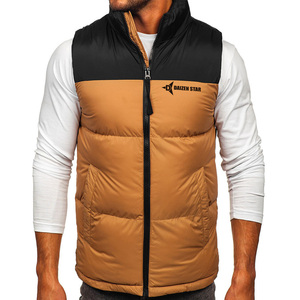 DAIZEN STAR INTERNATIONAL Men's Brown Black Color Block Patchwork Puffer Vest Stand Collar Zipper Closure Windproof Casual - Product Image 1