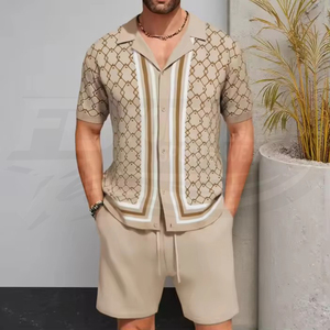 Men's Breathable 2-Piece <b>Knitted</b> <b>Set</b>-Short Sleeve Solid Shirt and Shorts Casual Summer Beach Wear 100% Polyester - Product Image 3