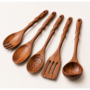 Cuillères en bois pour la cuisine, ensemble d'ustensiles de cuisine en bois de qualité supérieure avec manche ondulé pour ustensiles de cuisine antiadhésifs, ustensiles de cuisine en gros - Product Image 1