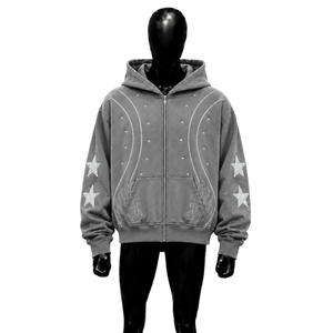 Sweat à capuche zippé gris décontracté, coupe oversize, avec motif étoile graphique, moderne et tendance, style urbain, en polaire douce, Star Puff Pri - Product Image 1