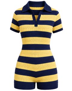 Combinaison en tricot rayée bleu marine et jaune citron pour femme, manches courtes, col polo, été, décontractée, une pièce, coupe ajustée, personnalisée - Product Image 2