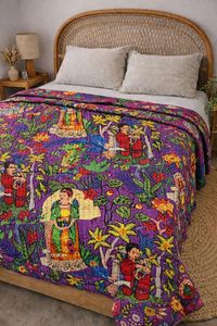 Indian Handmade Floral Print Kantha <b>Quilt</b> Hand Stitched Reversible Cotton Bedding <b>King</b> <b>Size</b> Bedcover <b>Bedspread</b> Home Hotel Decor - Product Image 3