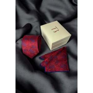 Ensemble cravate et pochette de costume de luxe rouge à motifs floraux pour homme, effet soie |   Coffret Cadeau Hanky Combo Vêtements Formels OEM Inde Style 2026 - Product Image 1