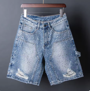American High Street Heavy Industry Hot Diamond Denim Shorts Mens New Summer Fashion Trend Straight Fivepoint Pants - Product Image 3