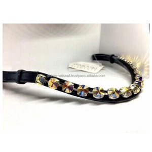 Premium Finish Black Genuine Leather Horse Brow Band Designed With Luxury Large Glass <b>Crystals</b> Stones Bling Chain Custom Design - Product Image 3