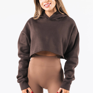 Unique Style Women Gym Running Cropped Pullover Hoodies Solid Color Breathable Oversized <b>Drop</b>-Shoulder Winter Hooded Sweatshirt - Product Image 5