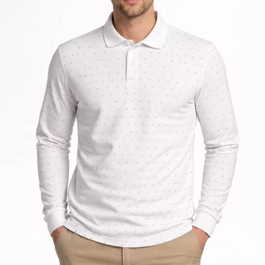 Camiseta Polo Clásica de Manga Larga con Puntos Blancos para Hombre, Mezcla de Algodón Suave y Transpirable, Estilo Casual Elegante para Uso Diario - Product Image 1