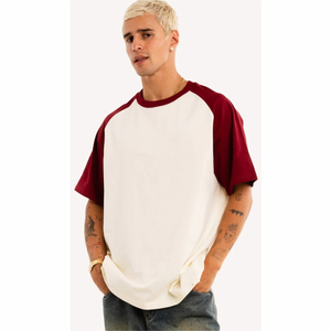 Camiseta de manga raglán blanca y roja para hombre, cuello redondo, corte regular, informal, tejido de punto, color sólido, ribete en contraste, 100% algodón - Product Image 4