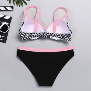 Conjunto de bikini de dos piezas para mujer, top push-up con estampado geométrico, parte inferior hipster con ribete en contraste, traje de baño elástico - Product Image 4