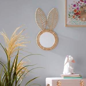 Round Rattan Bunny Ear Mirror Handwoven Wicker <b>Wall</b> Mirror Nursery Kids Room Decor Cute Animal Shape <b>Boho</b> Home Accent - Product Image 2