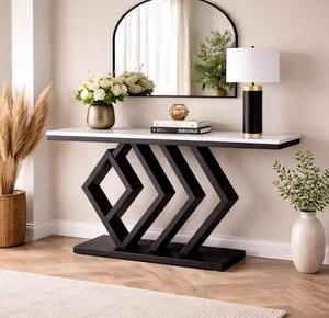 Modern Geometric Marble Top <b>Console</b> Table With <b>Black</b> Metal Base Indoor Living Room Decor Accent Piece - Product Image 1
